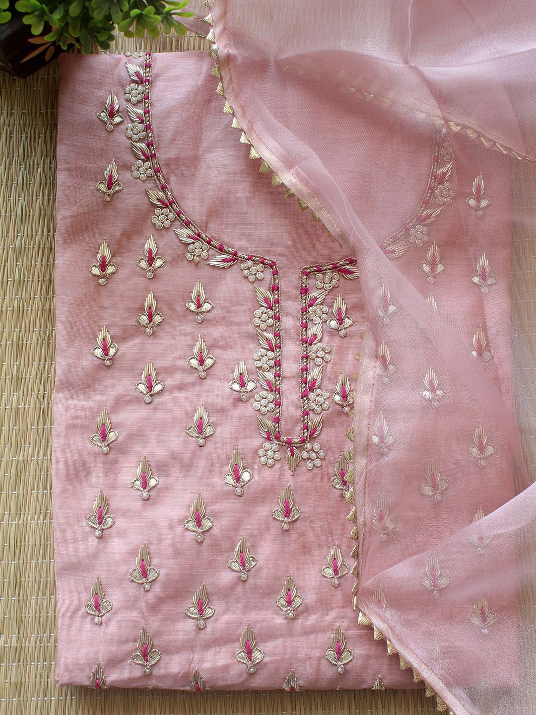 

Weaves of Tradition Floral Embroidered Unstitched Dress Material, Pink
