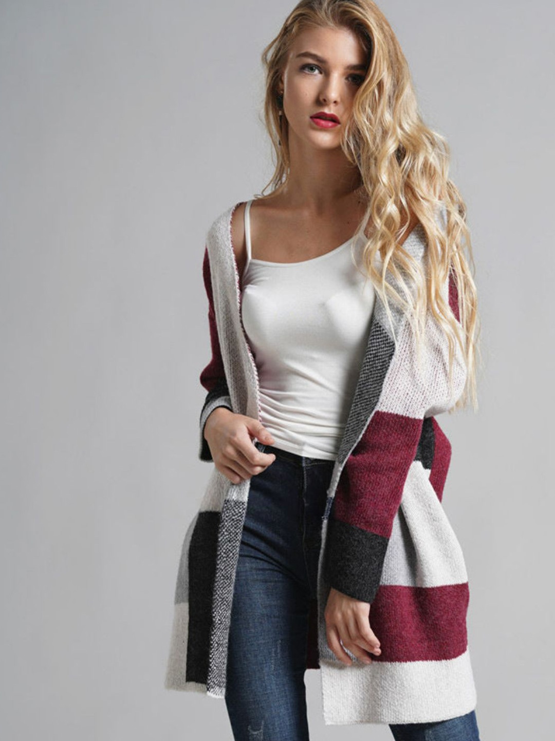 

Oh Rare Women Colourblocked Longline Cardigan, Red