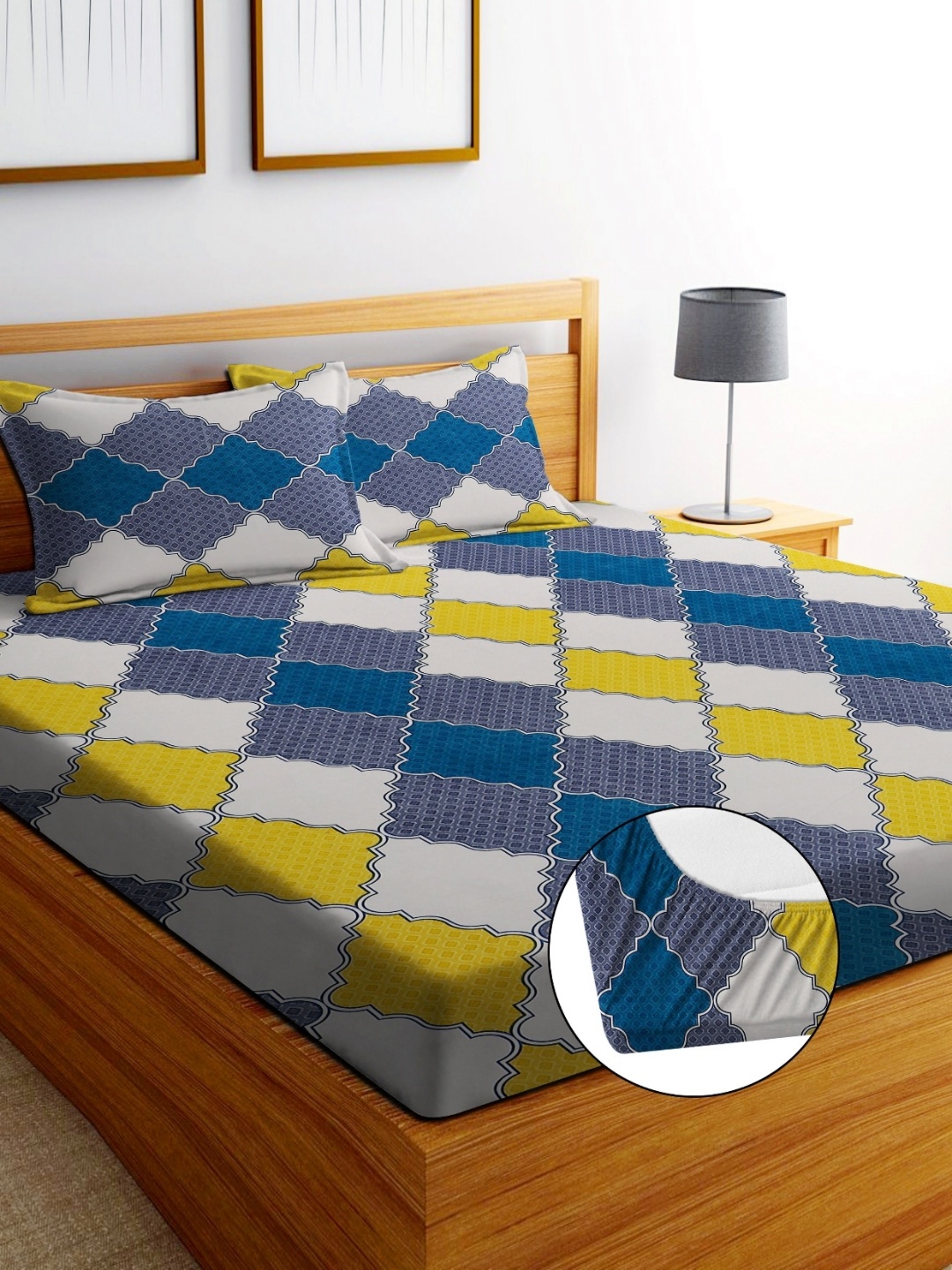 

EXFAB Blue Geometric Printed Pure Cotton Fitted 244 TC King Bedsheet Set 1.98 m x 1.82 m, Yellow