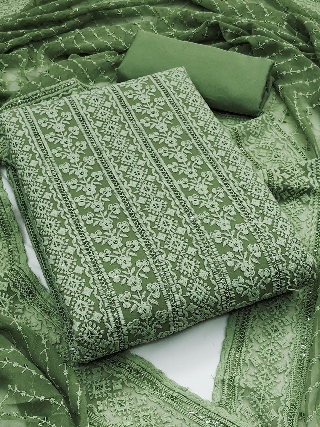 

Rangtulika Floral Embroidered Chikankari Soft Georgette Unstitched Dress Material, Green