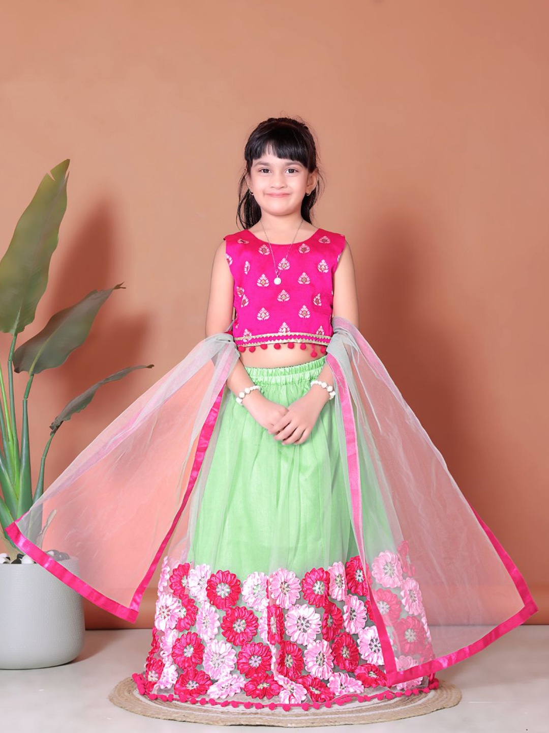 

BAESD Girls Floral Printed Round Neck Blouse & Lehenga With Dupatta, Lime green