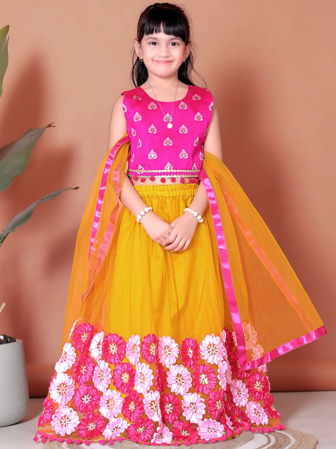 

BAESD Girls Floral Printed Round Neck Blouse & Lehenga With Dupatta, Mustard