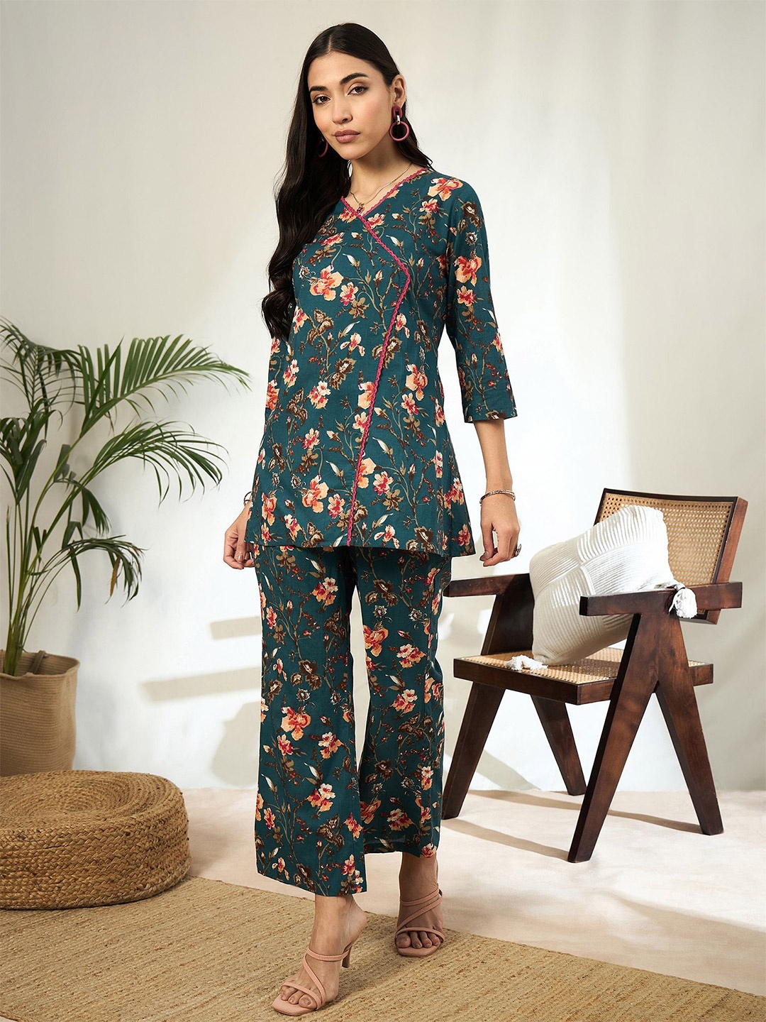 

Bandia Floral Printed V-Neck Pure Cotton Tunic With Palazzo, Teal