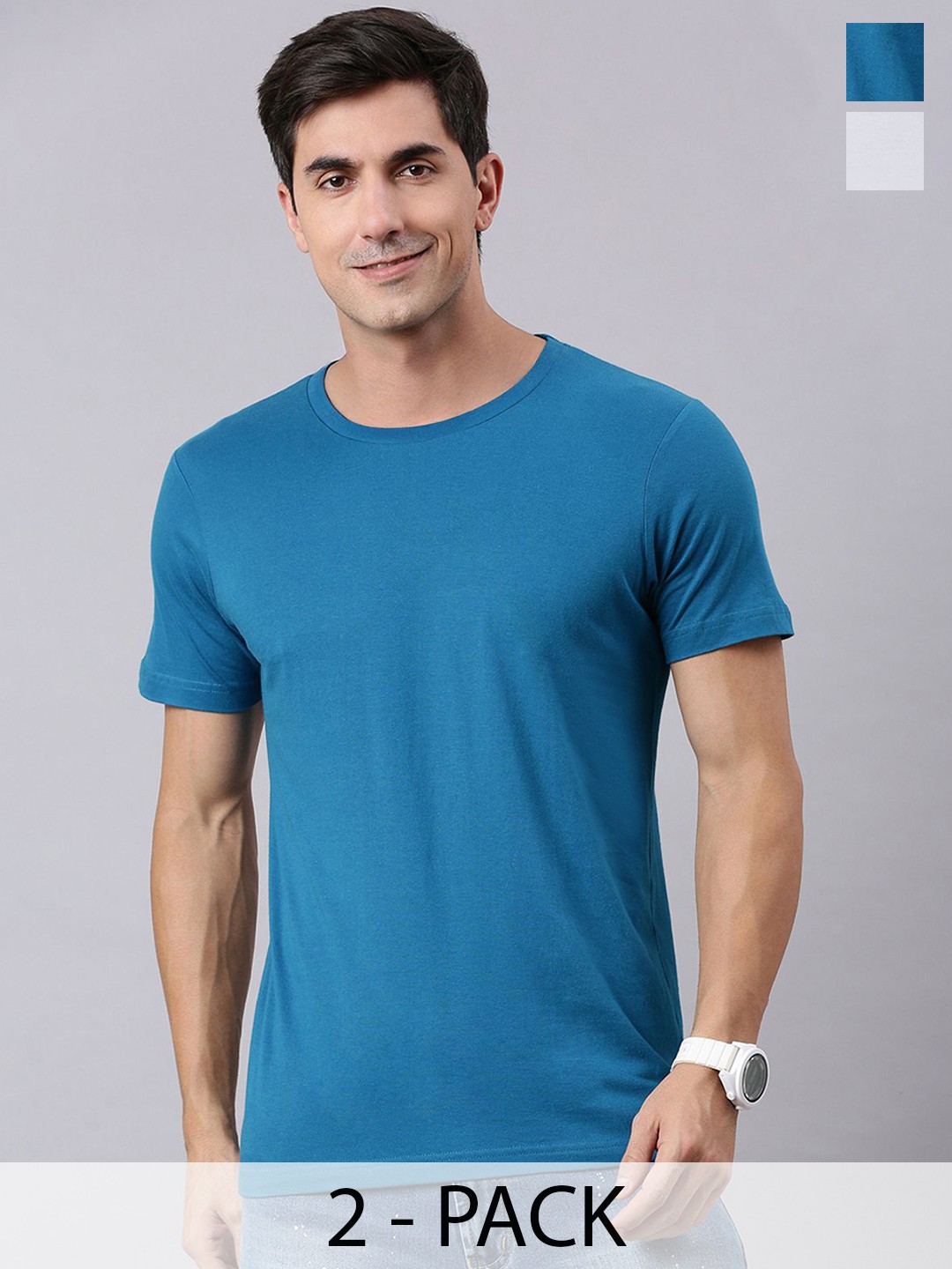 

Mast & Harbour Pack Of 2 Solid Cotton Round Neck T-shirts, Blue