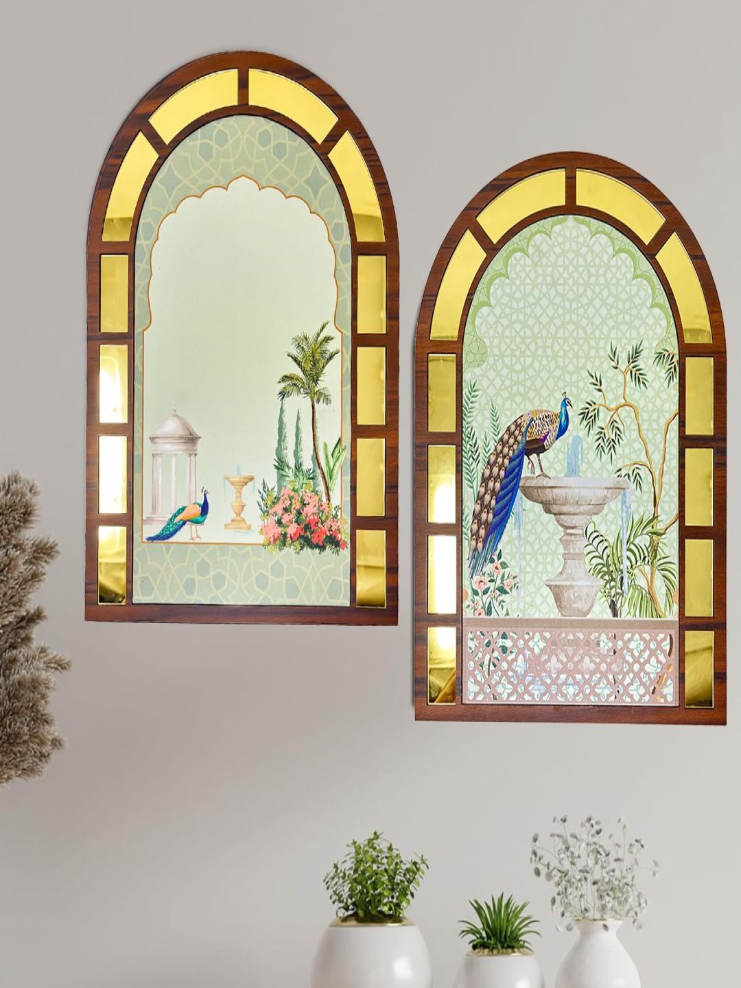 

CVANU Yellow & Green 2 Pieces Printed Wooden Jharokas Wall Hangings