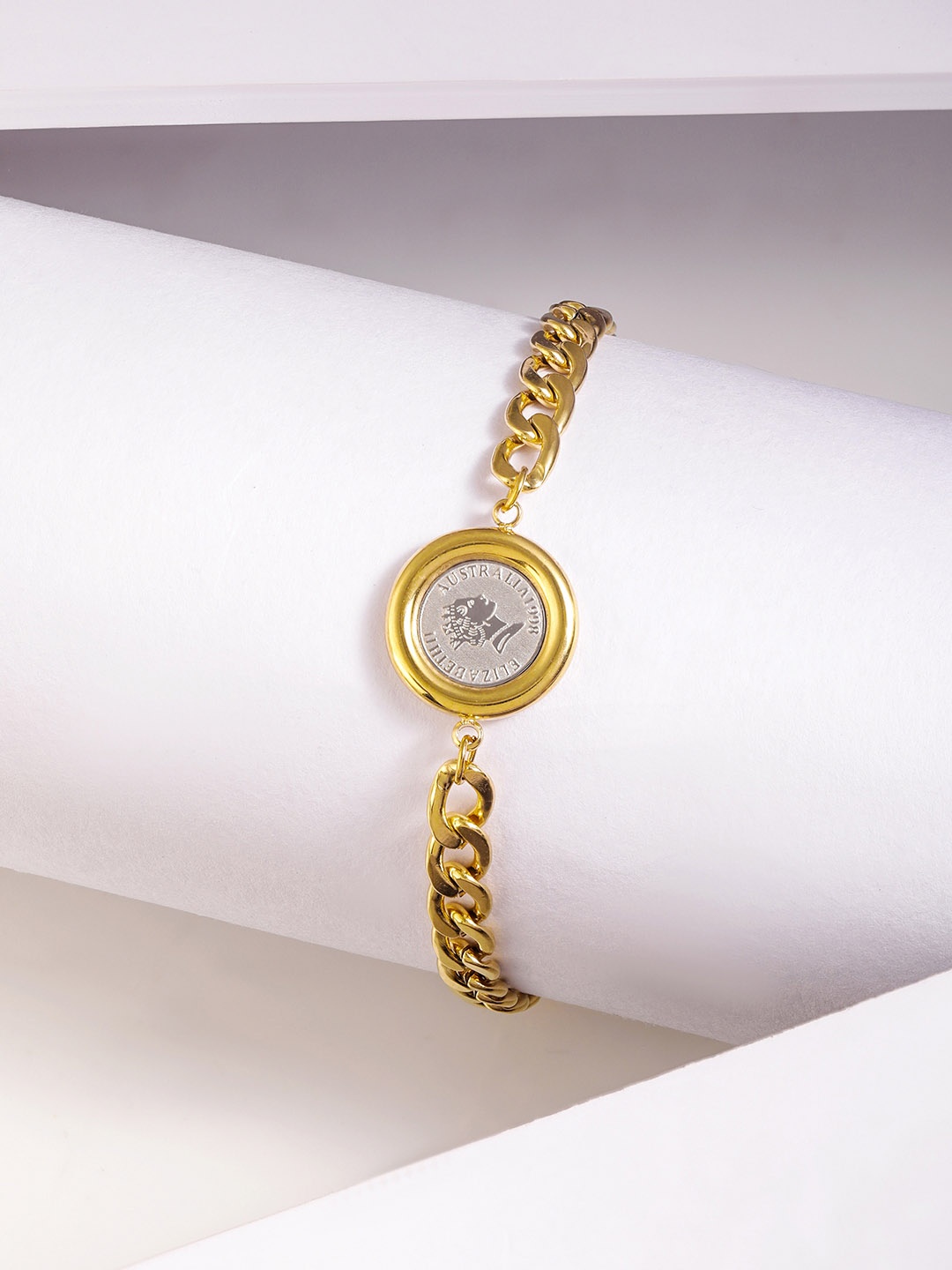 

Rubans Voguish Gold-Plated Stainless Steel Waterproof Coin Charm Tarnish Free Bracelet