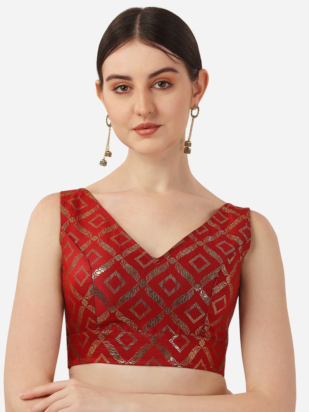 

Oomph! Woven Design Sleeveless Saree Blouse, Red