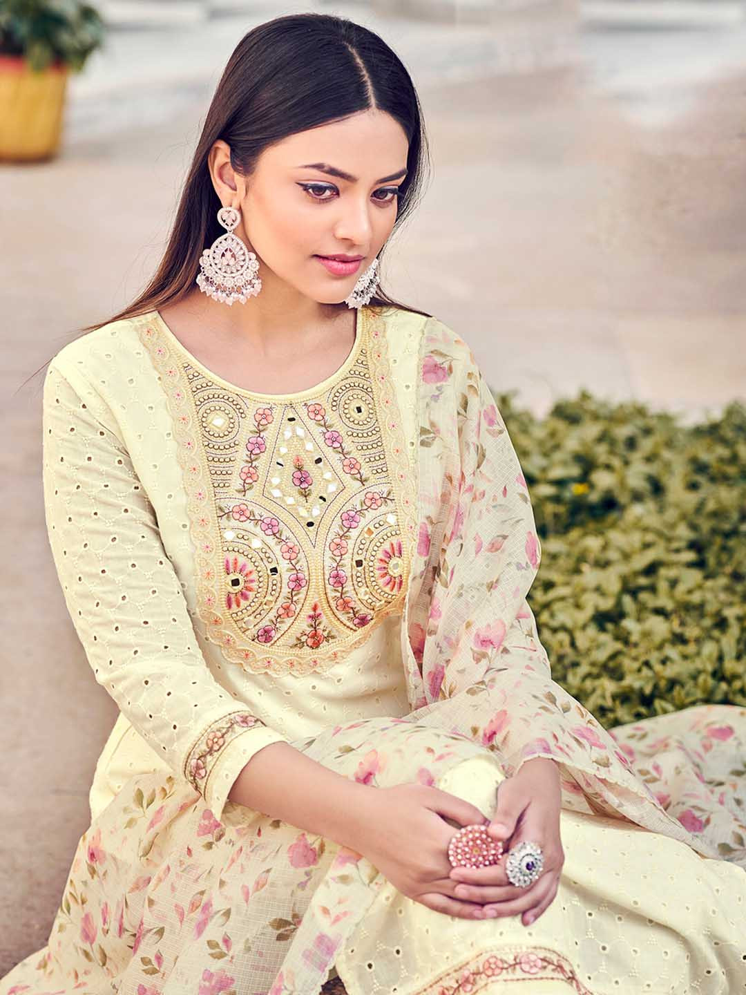 

Sangria Floral Embroidered Mirror Work Pure Cotton Straight Kurta With Trousers & Dupatta, Off white