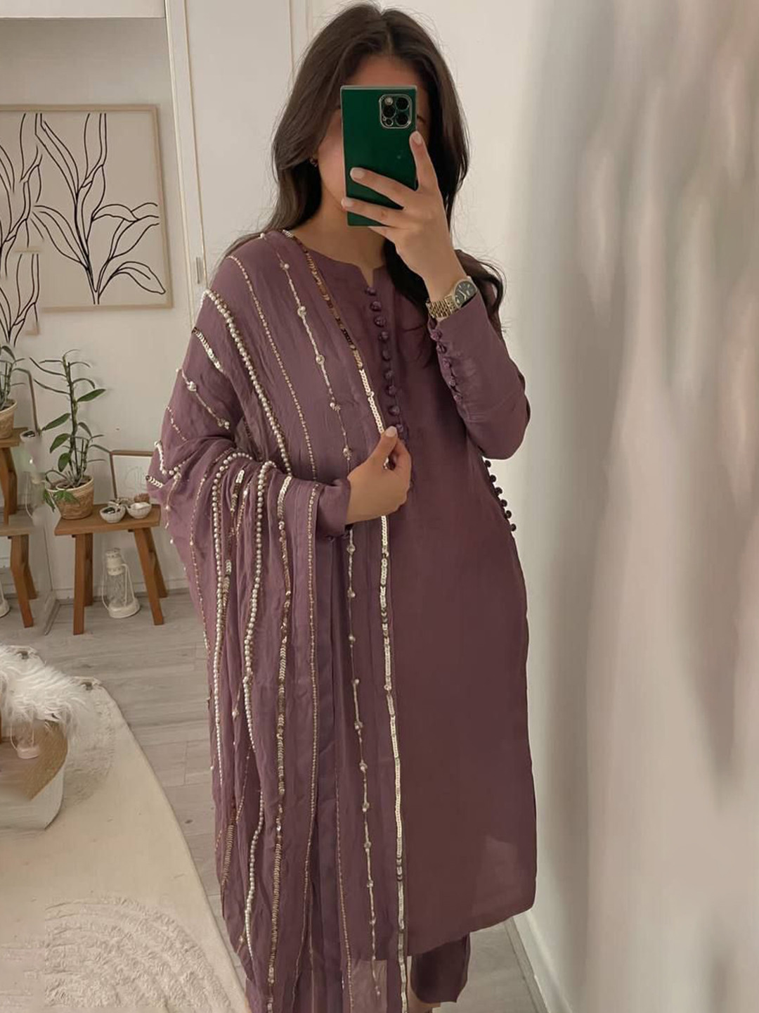 

Bought First Notch Neck Straight Kurta With Trousers And Dupatta, Pink