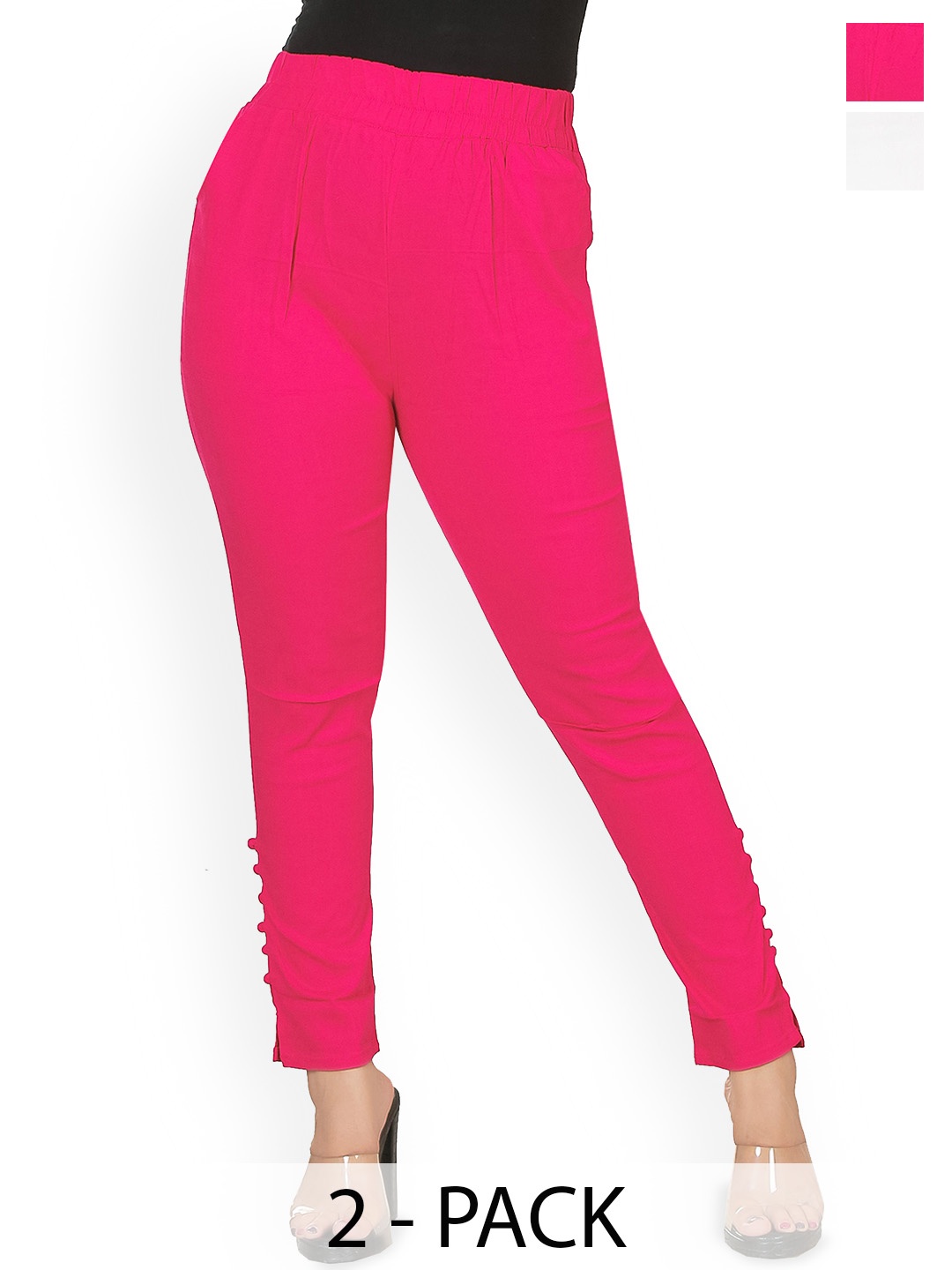 

Fessist Women Pack of 2 Cotton Relaxed Slim Fit Pleated Trousers, Pink