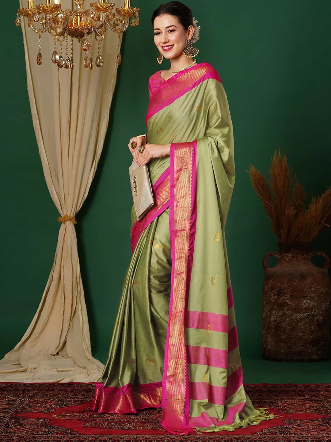 

SILKWEAR Ethnic Motifs Zari Silk Cotton Banarasi Saree, Olive