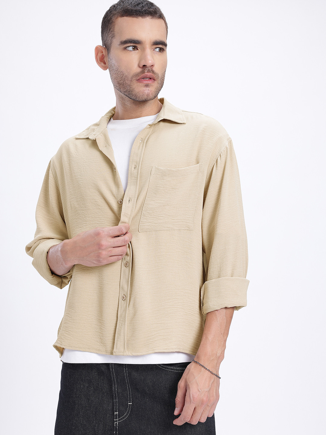 

glitchez Knit & Stitch Wrinkled Relaxed Fit Shirt, Beige