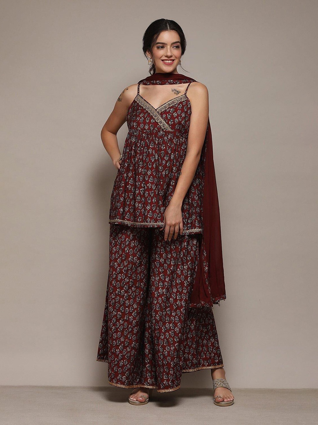 

Biba Floral Printed Shoulder Straps Pure Cotton Anarkali Kurti With Palazzos & Dupatta, Maroon