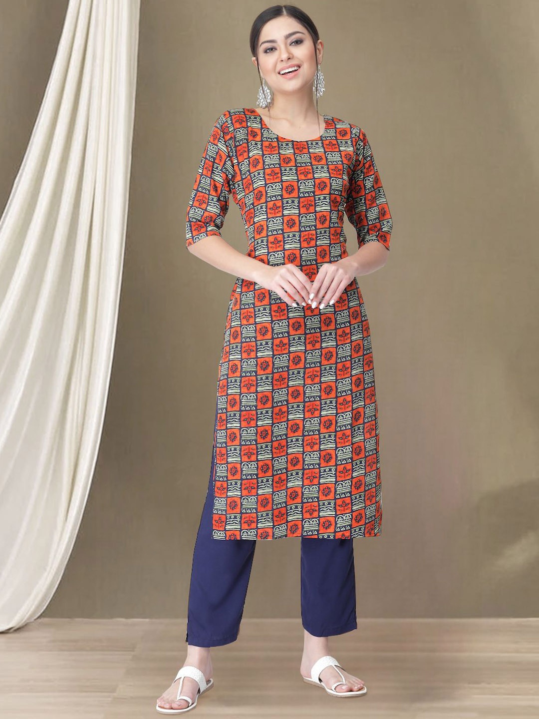 

Moda Rapido Orange & Blue Ethnic Motifs Printed Straight Kurta with Trousers
