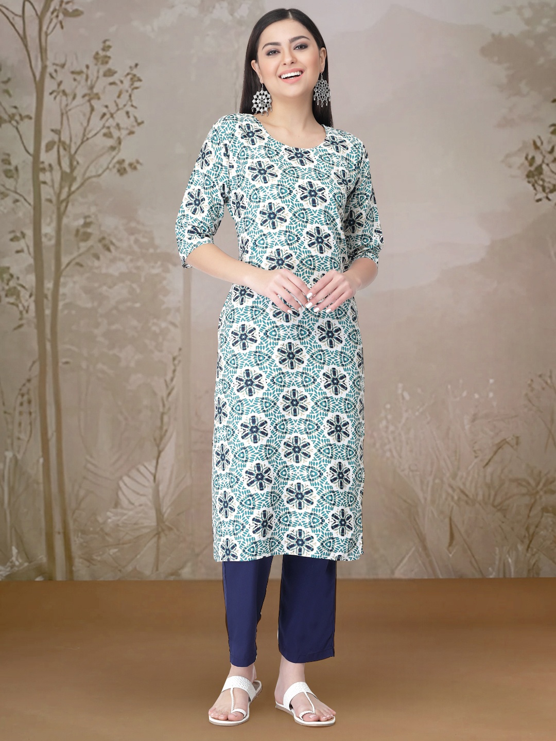 

Moda Rapido Geometric Printed Round Neck Straight Kurta With Trouser, Blue