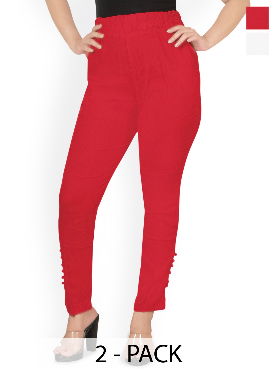 

Fessist Women Pack of 2 Relaxed Slim Fit Easy Wash Pleated Cotton Trouser, Red