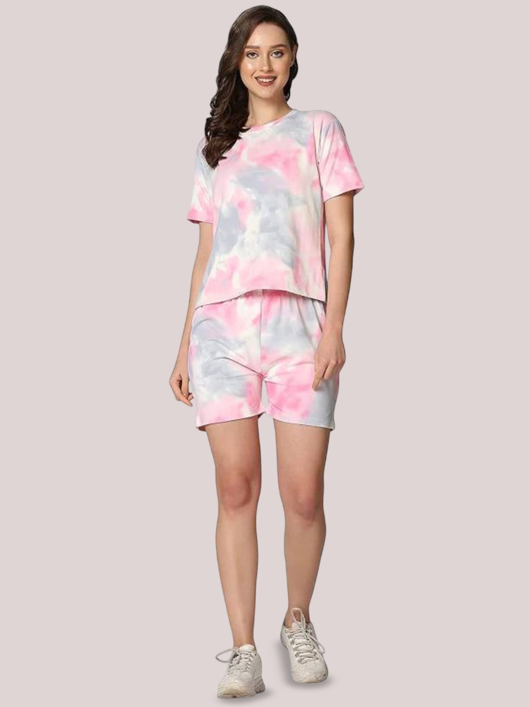 

styledose Tie & Dye Printed Round Neck T-Shirt With Shorts Co-Ords, Pink