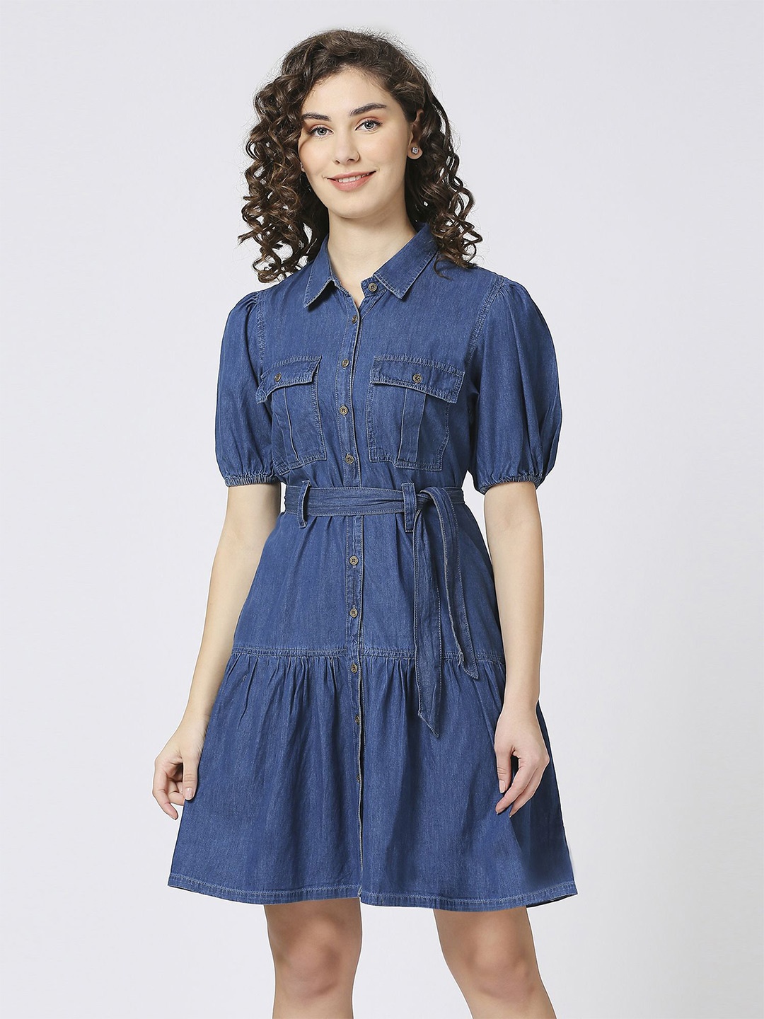 

CEFALU Puff Sleeve Denim Fit & Flare Dress, Blue