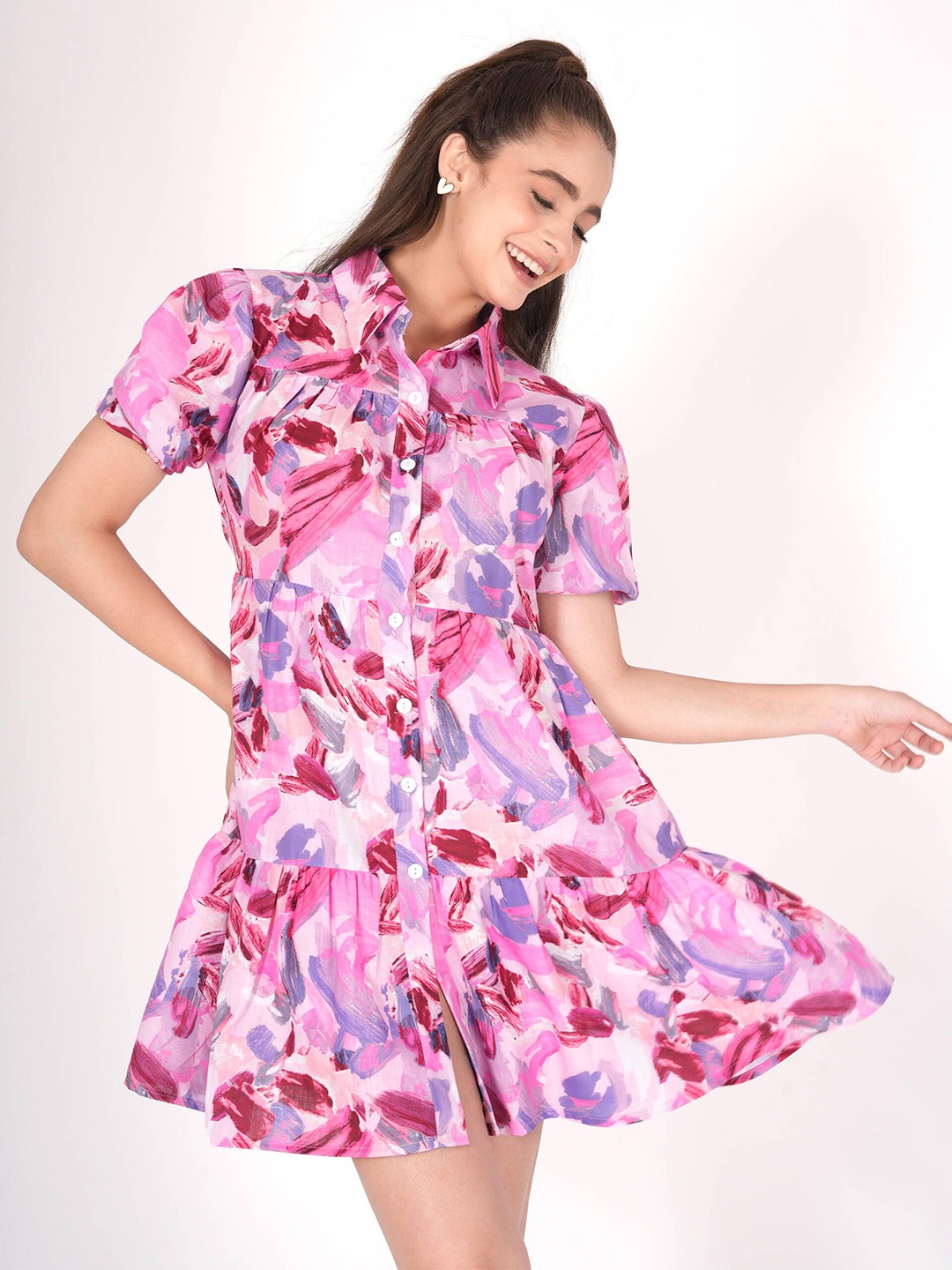 

clobug Floral Print Crepe Shirt Dress, Pink