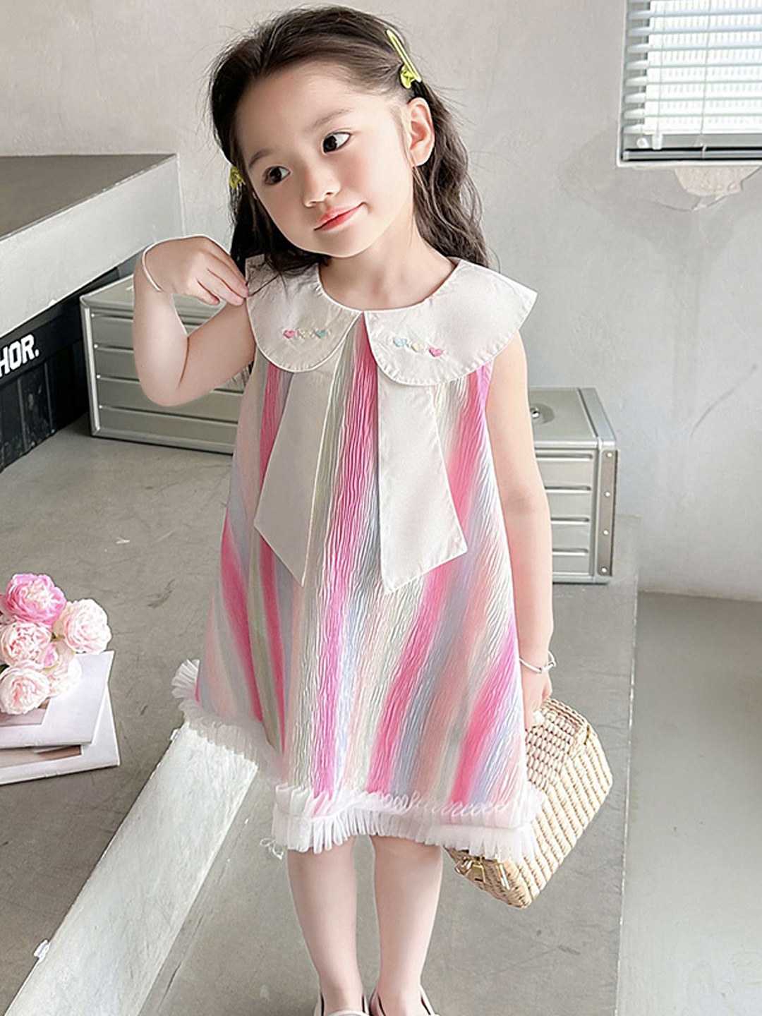 

LULU & SKY Striped Peter Pan Collar Flutter Sleeve A-Line Dress, Multi