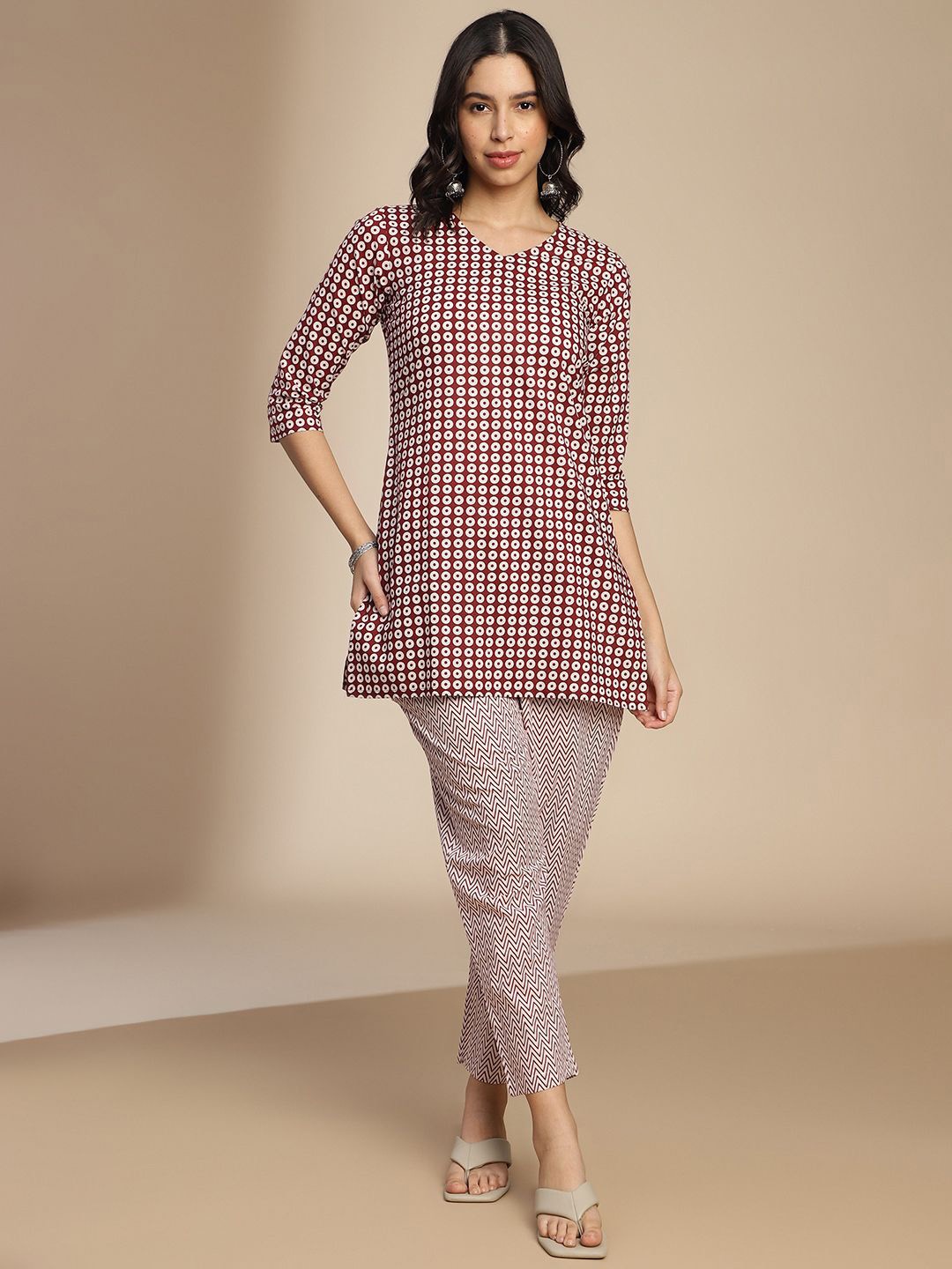 

KALINI Printed V-Neck Pure Cotton Tunic With Trousers, Maroon