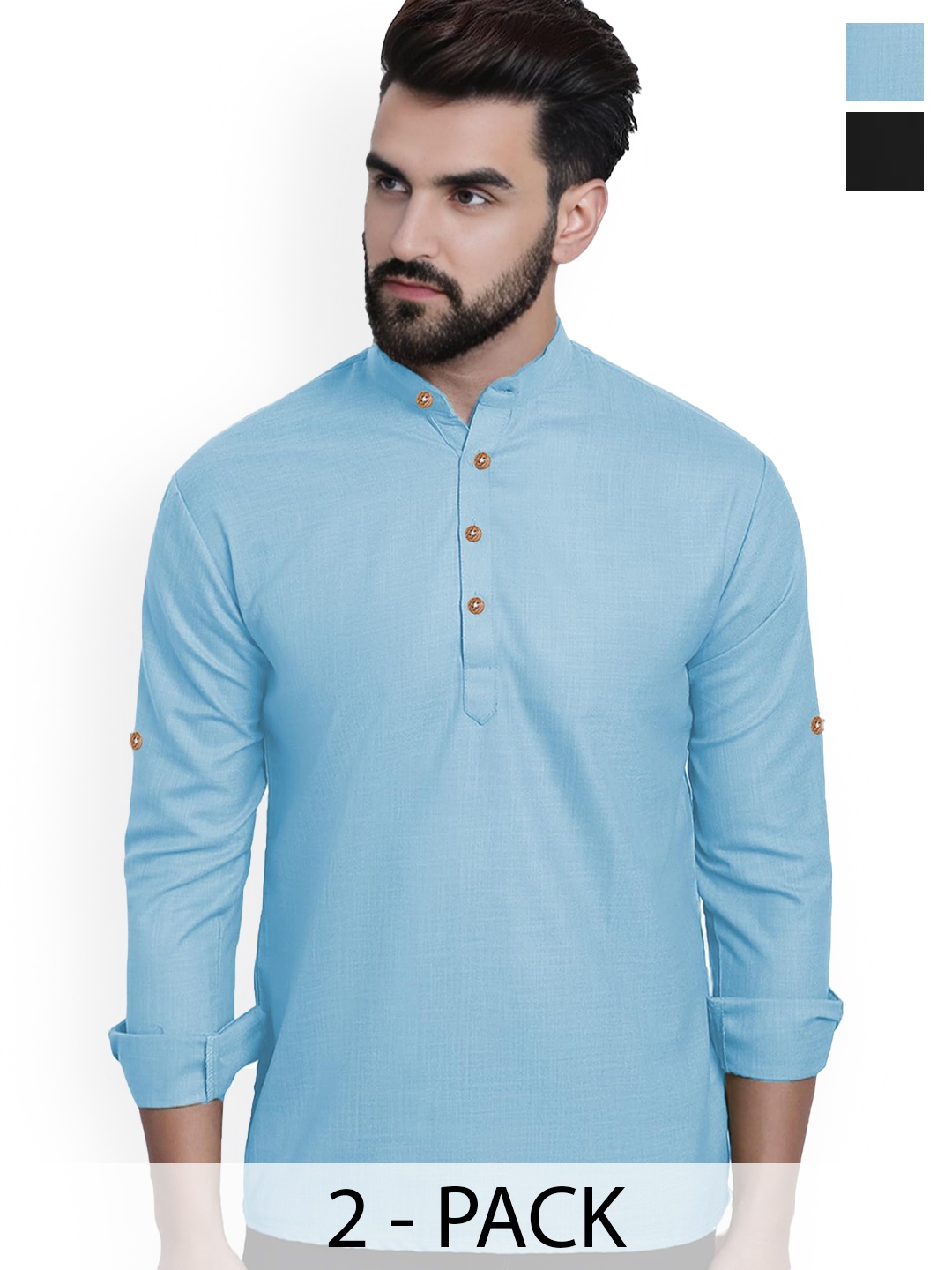 

univibe Selection Of 2 Cotton Mandarin Collar Slim Fit Straight Kurtas, Blue