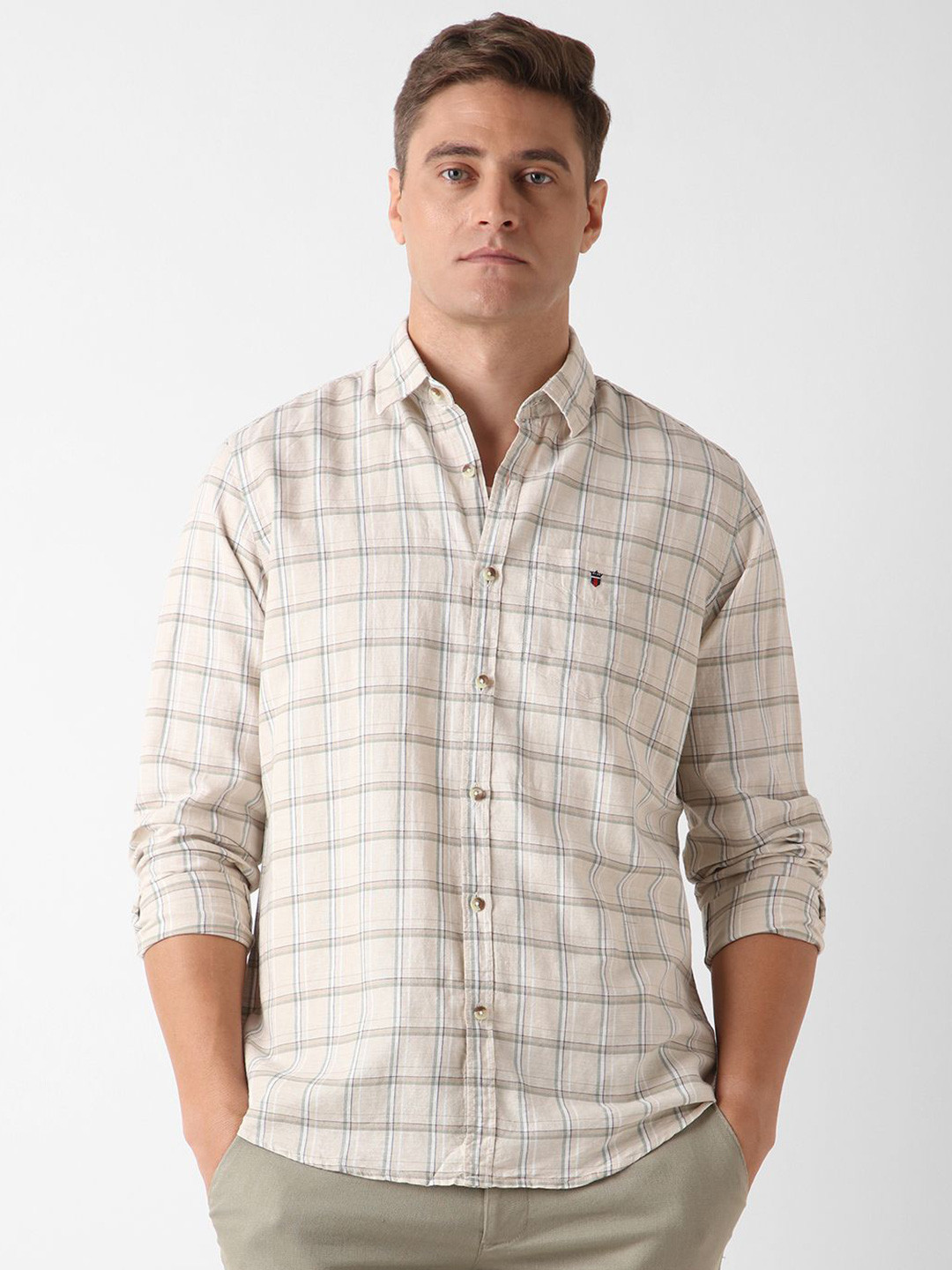 

Louis Philippe Sport Men Slim Fit Opaque Checked Casual Shirt, Beige