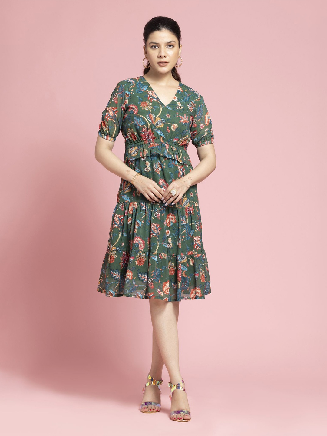 

CORSICA Floral Print Georgette Fit & Flare Dress, Green