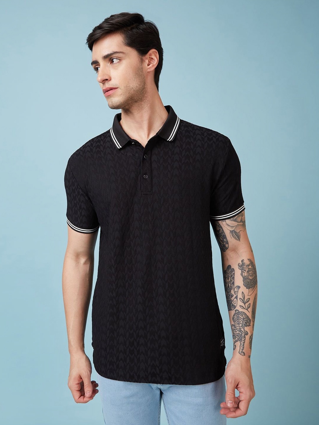 

Status Quo Men Self Design Polo Collar Regular Fit T-shirt, Black