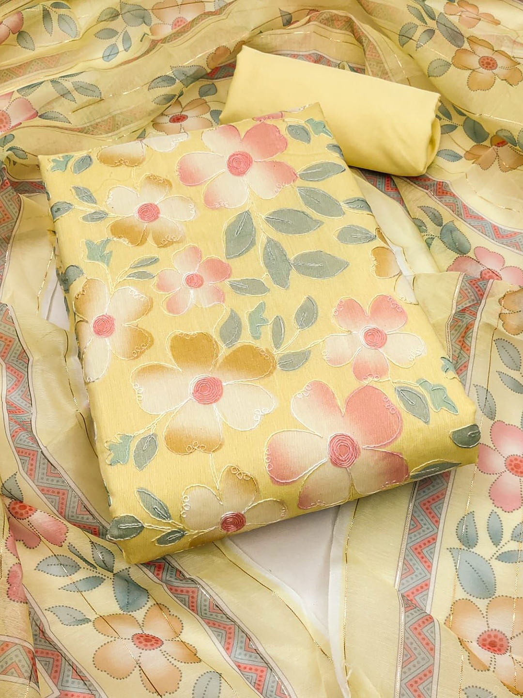 

BlissFlair Floral Printed Thread Work Chanderi Cotton Unstitched Dress Material, Yellow