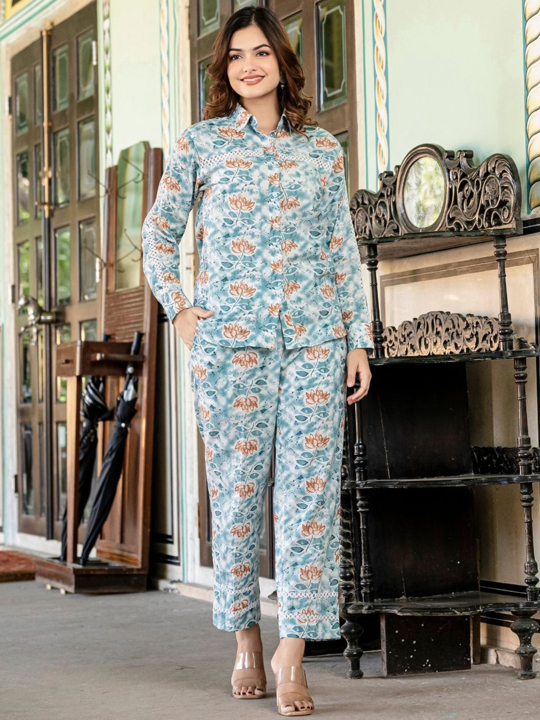 

SAADGEE Cotton Printed Shirt & Trousers Co-OrdsSet, Blue