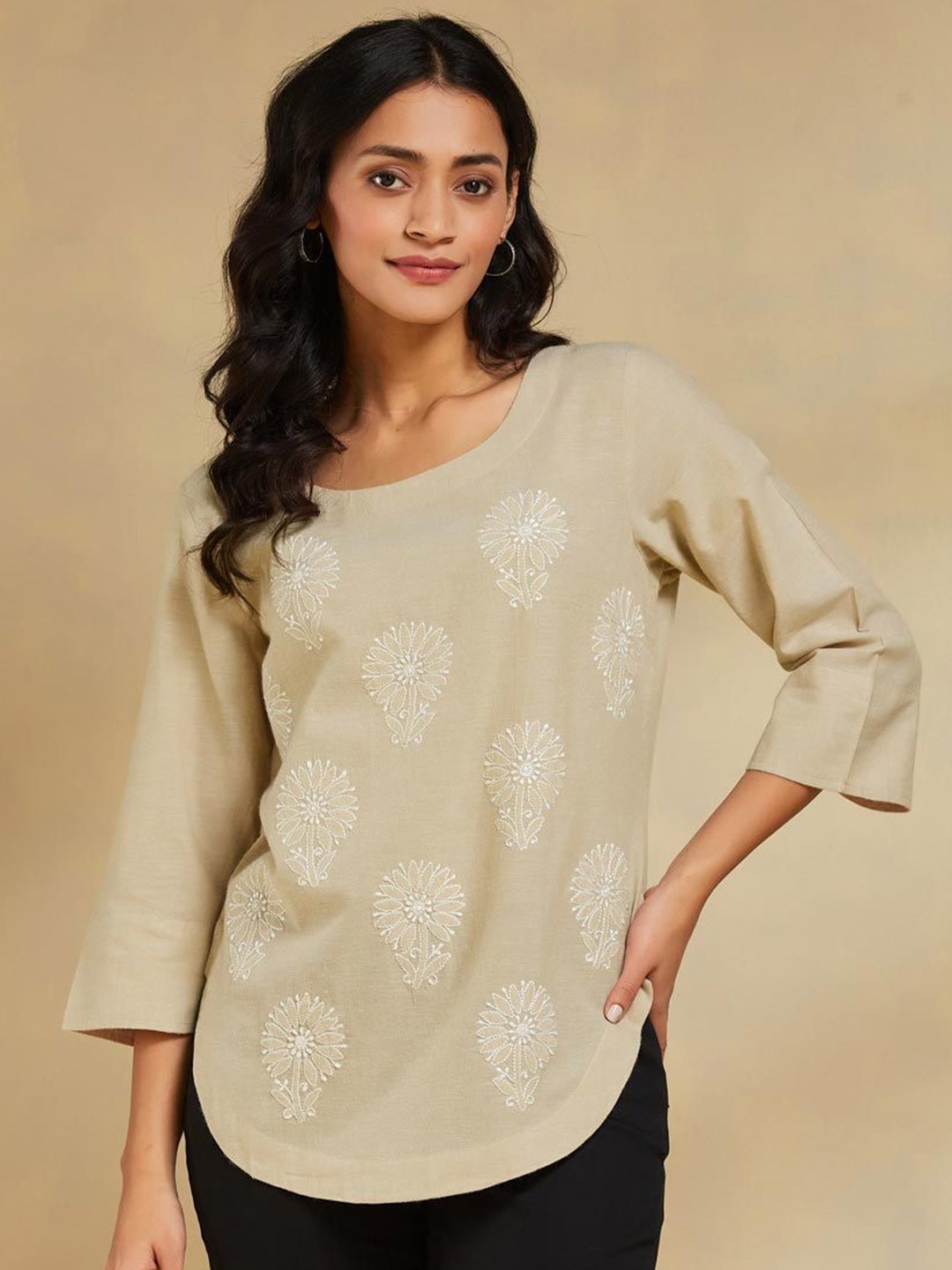 

Fabindia Embroidered Cotton Top, Beige