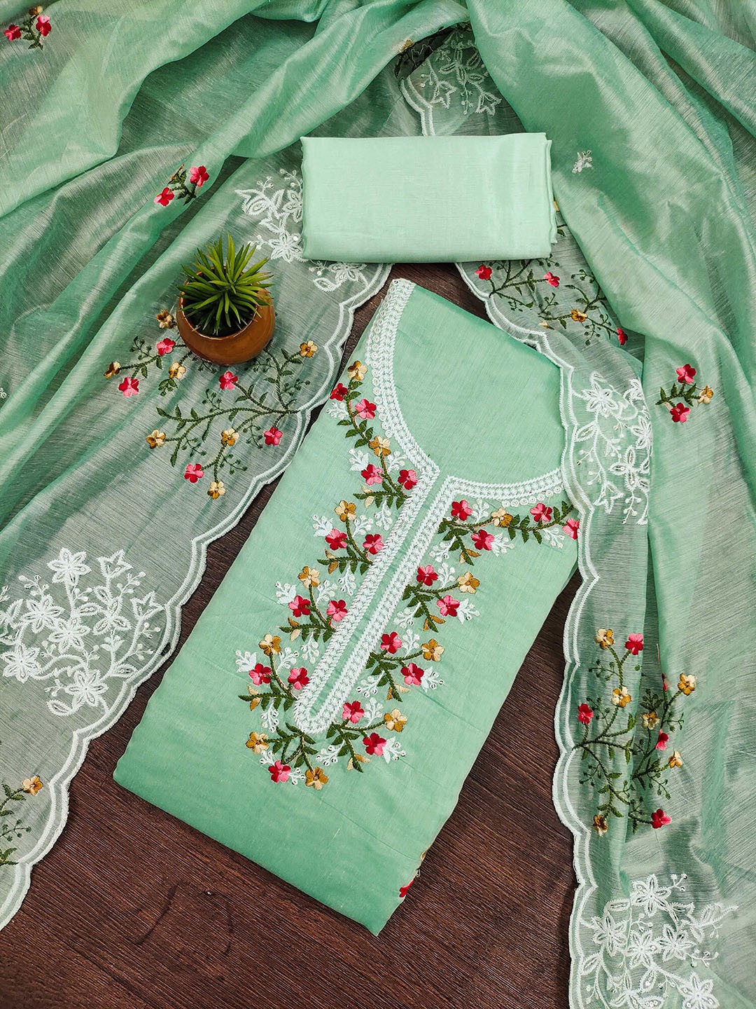 

MANVAA Embellished Unstitched Dress Material, Sea green