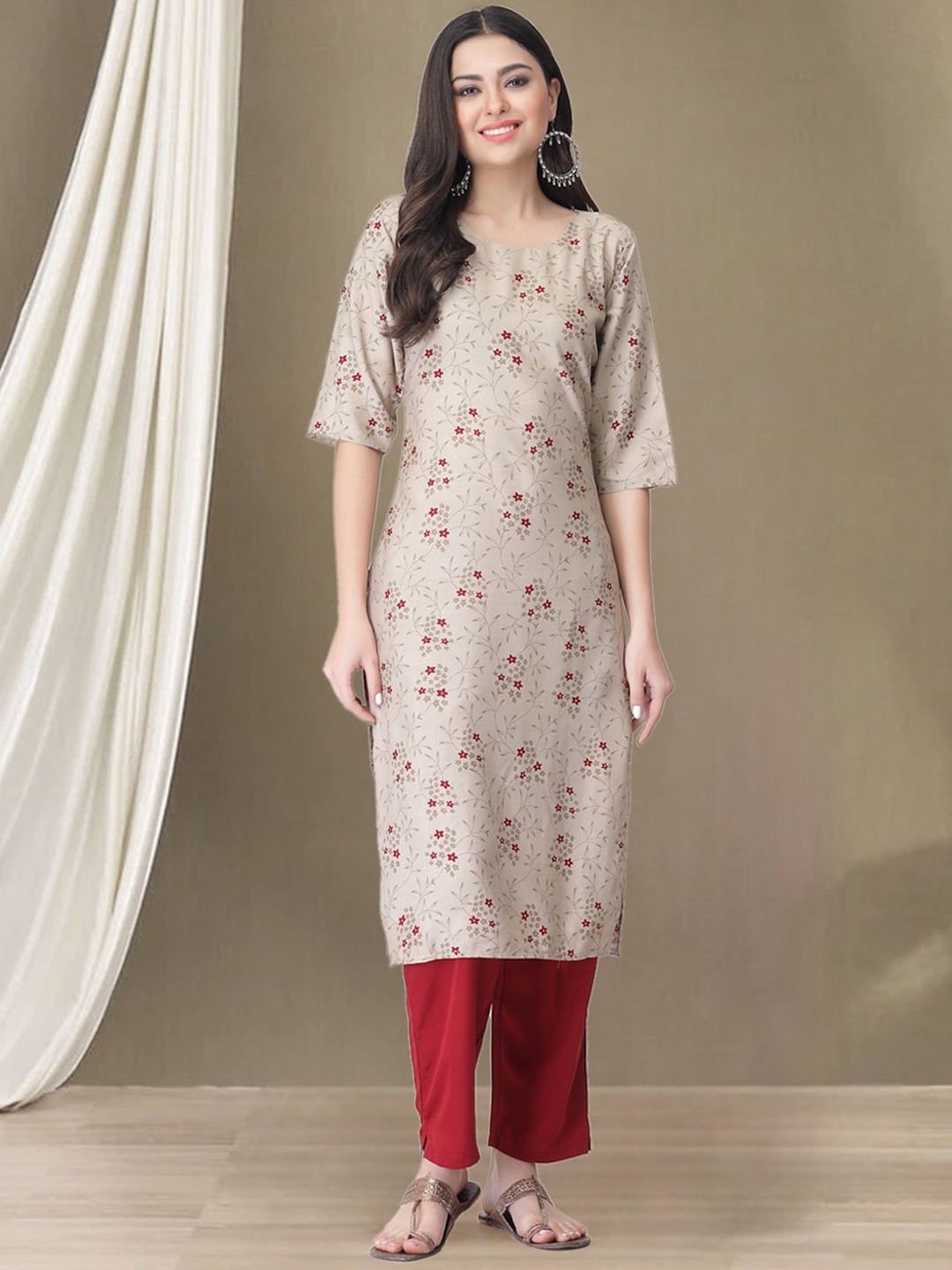 

Moda Rapido Beige & Red Floral Printed Straight Kurta with Trousers
