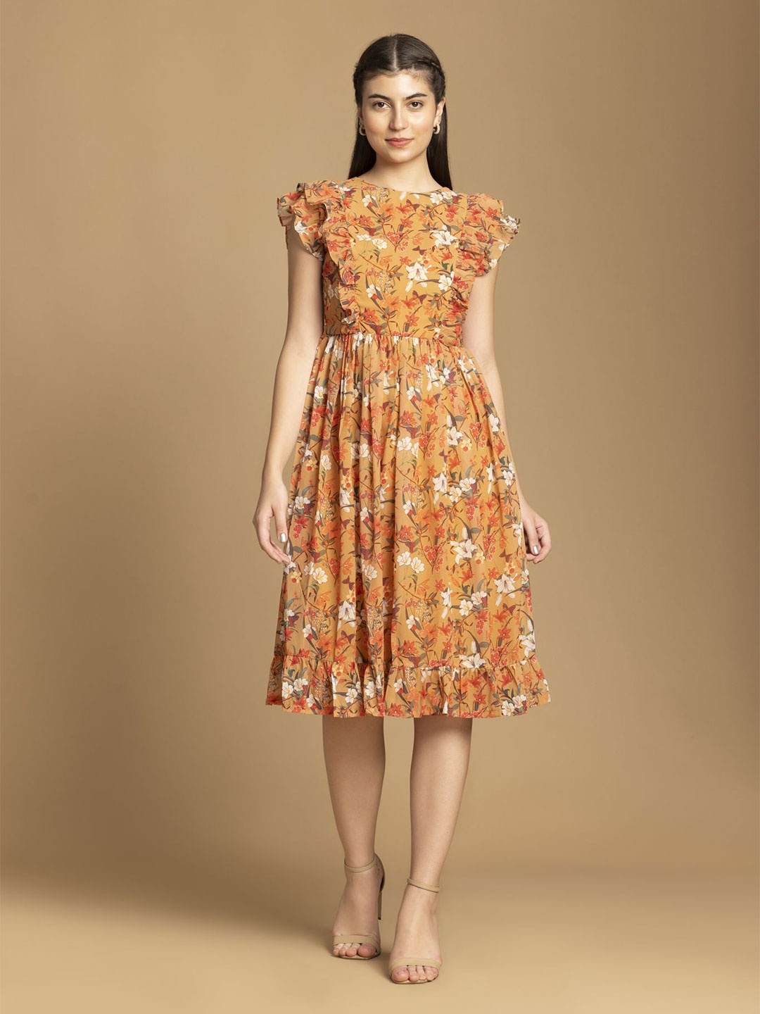 

CORSICA Floral Print Georgette A-Line Dress, Yellow