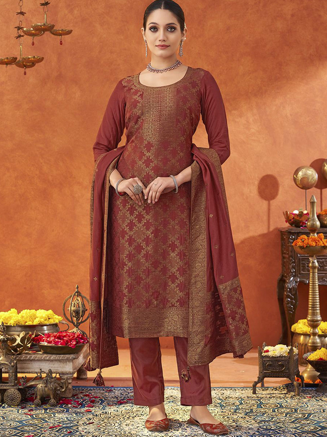 

KALINI Women Pleated Kurta with Trousers & With Dupatta, Maroon