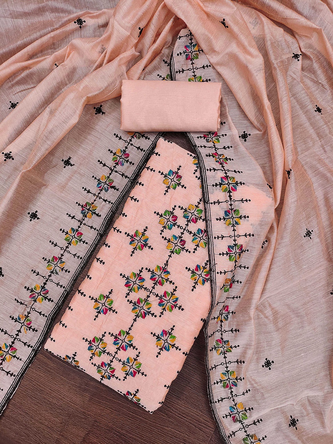 

SAINOOR Floral Embroidered Unstitched Dress Material, Peach