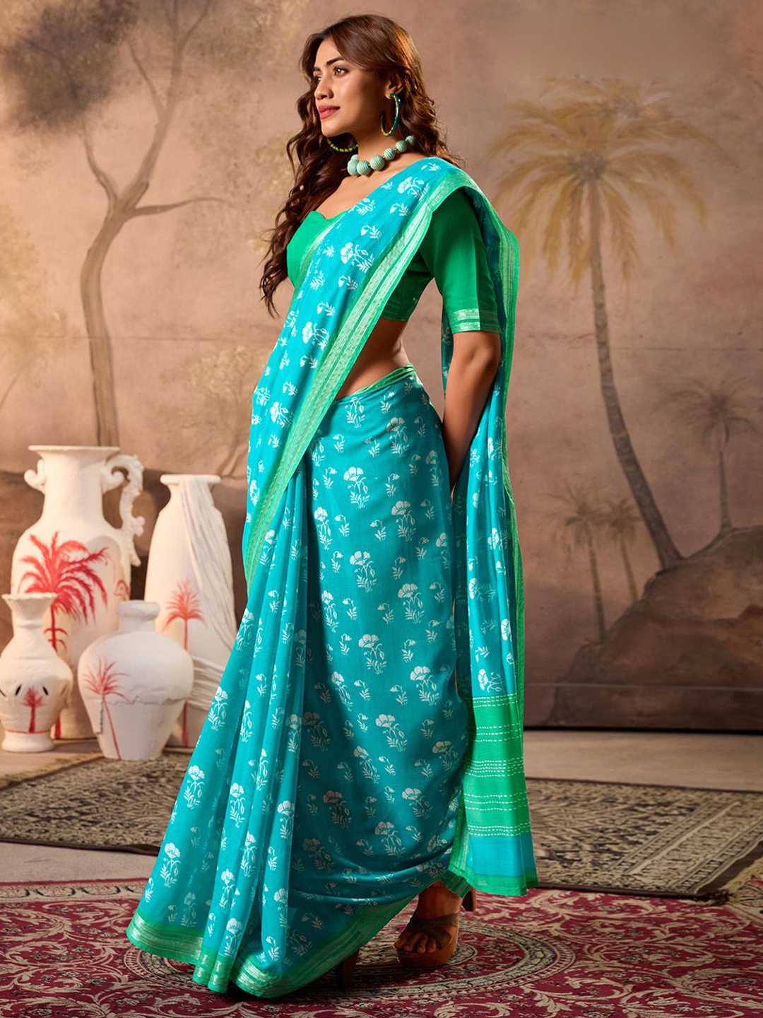 

Mitera Bagh Zari Block Print Saree, Turquoise blue