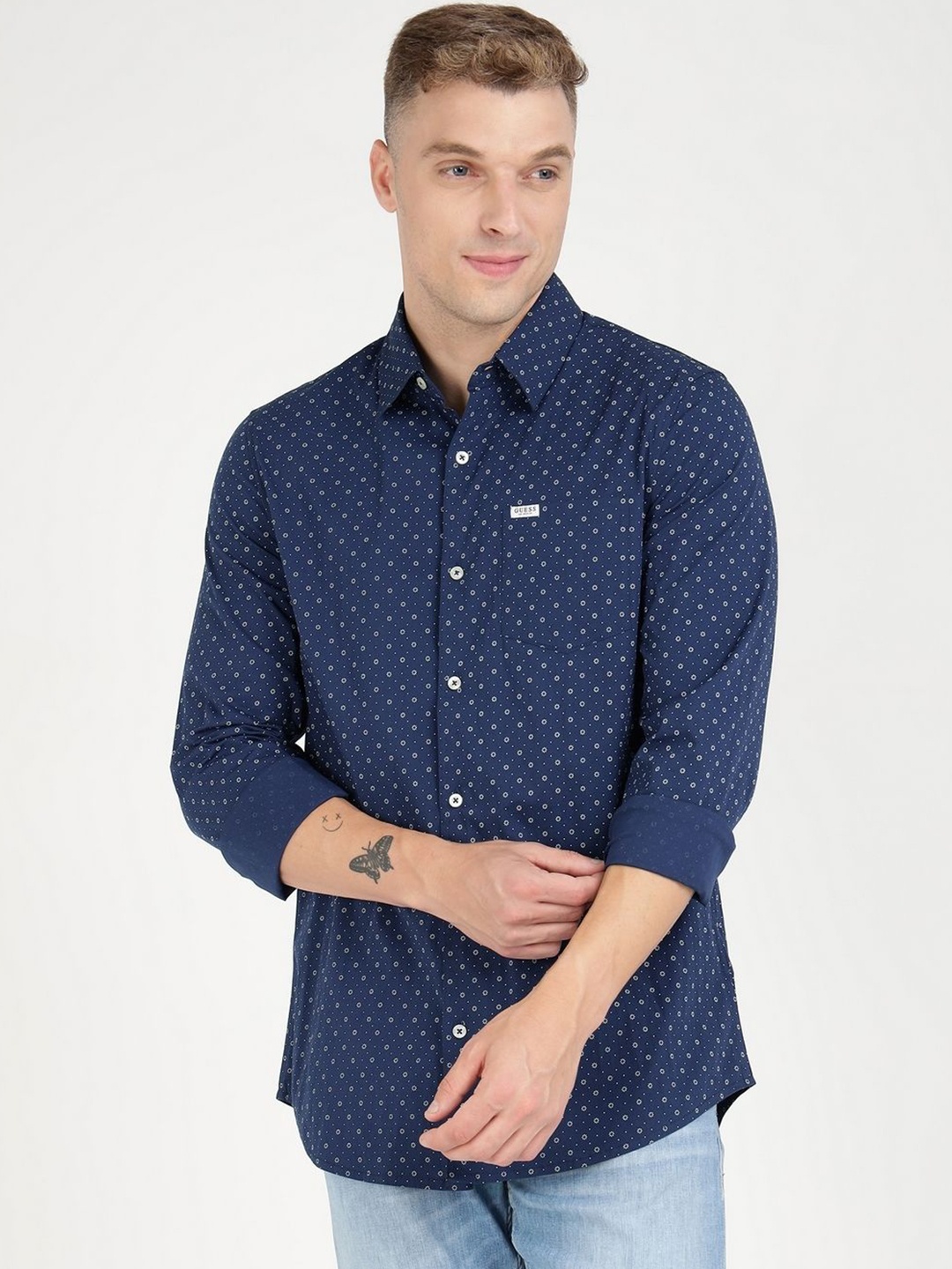 

GUESS Men Slim Fit Opaque Printed Casual Shirt, Blue