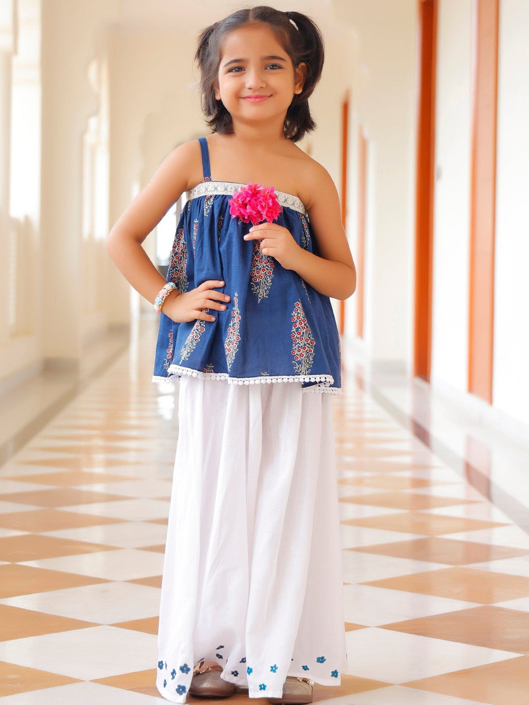 

Thread & Button Girls Blinky Flared Pure Cotton Top With Sharara Set, Blue