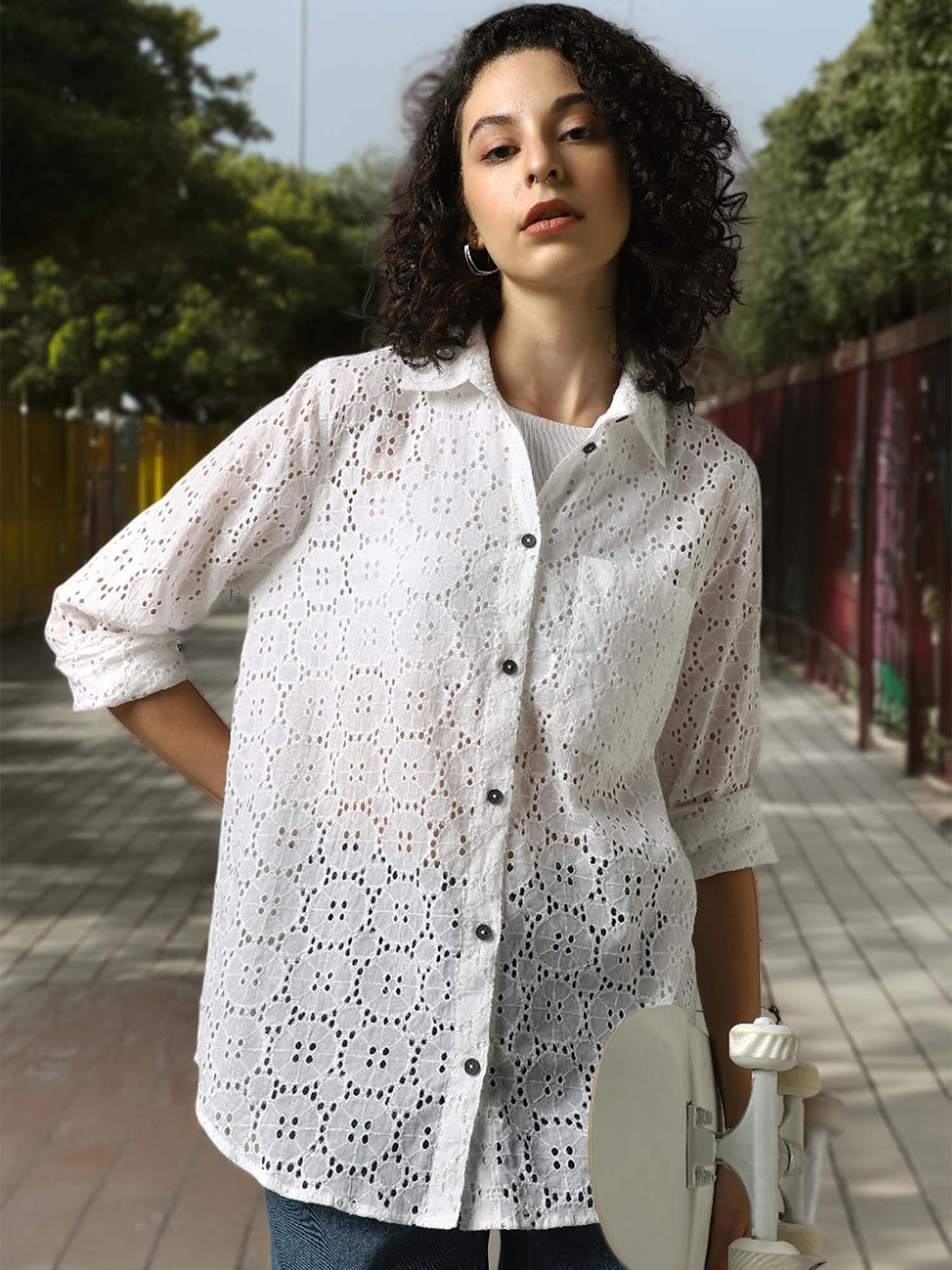 

Hubberholme Women Oversized Fit Cotton Schiffli Casual Shirt, Multi