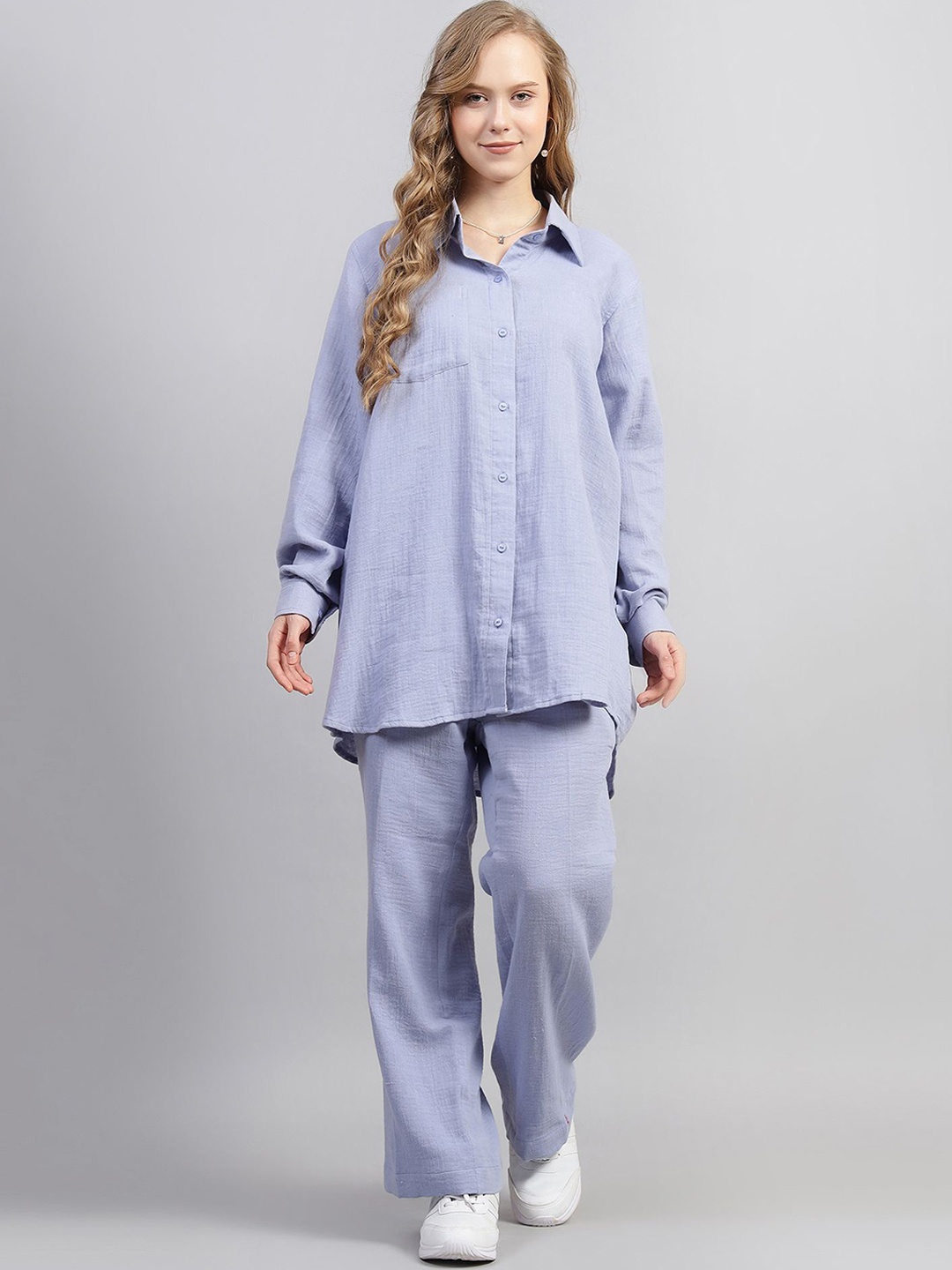 

BODYFIGURE Cotton Long Sleeve Shirt & Trousers Co-OrdsSet, Blue
