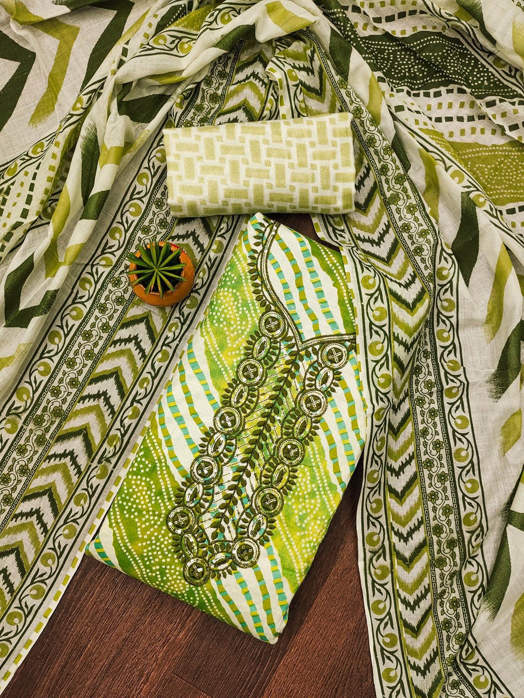 

Rangtulika Leheriya Printed Sequinned Unstitched Dress Material, Green