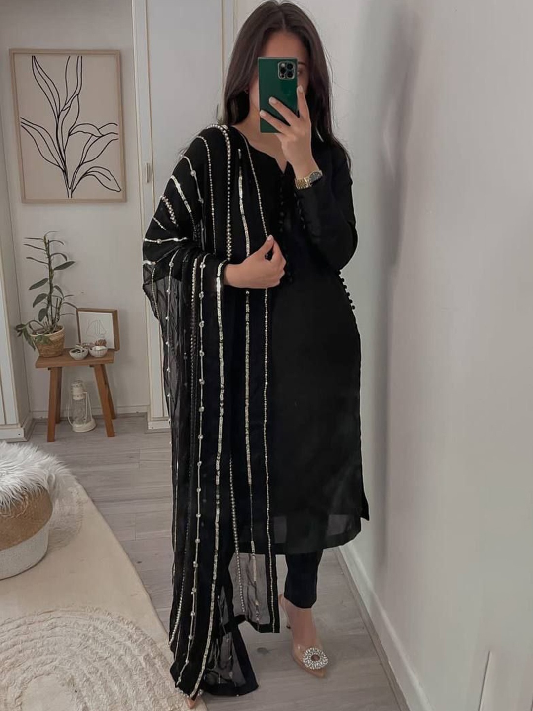 

Bought First Notch Neck Straight Kurta With Trousers And Dupatta, Black