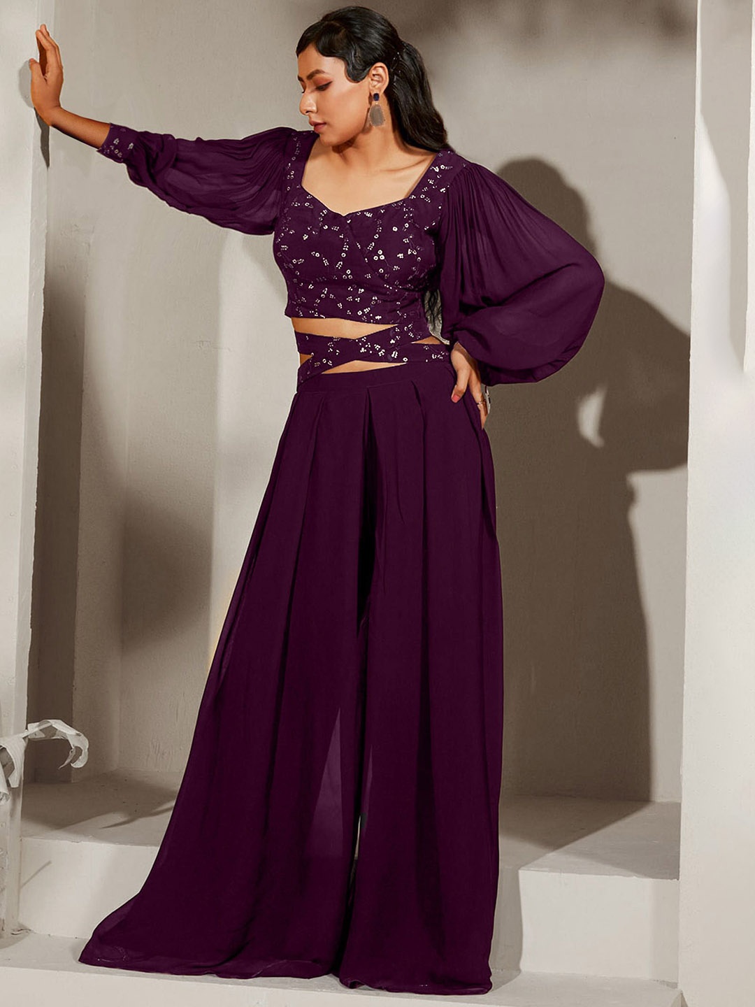 

SANCIA Ethnic Motifs Embroidered Sequinned Top with Palazzos, Purple
