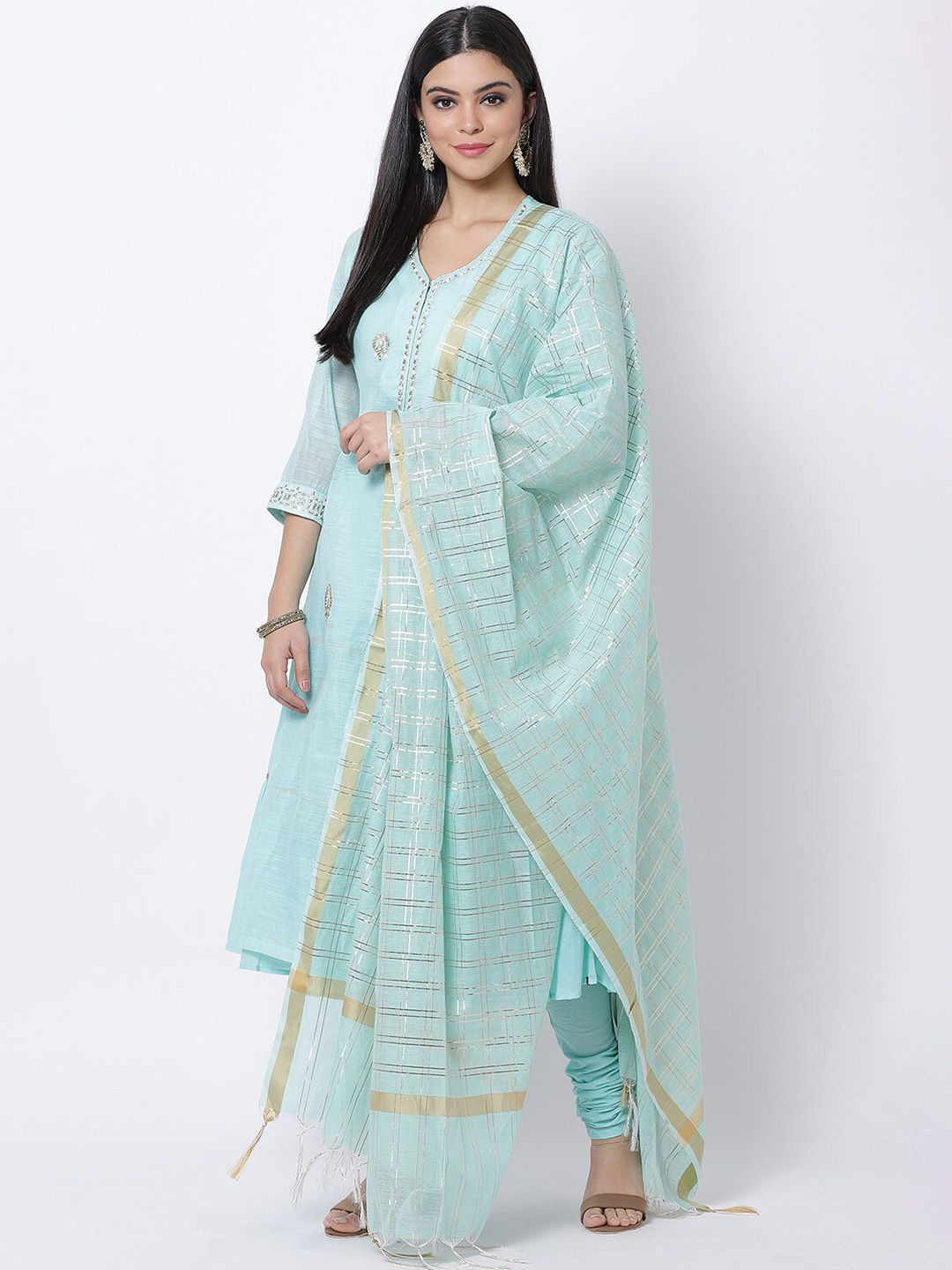 

Biba Floral Embroidered V Neck Zari Pure Cotton Straight Kurta With Churidar & Dupatta, Blue