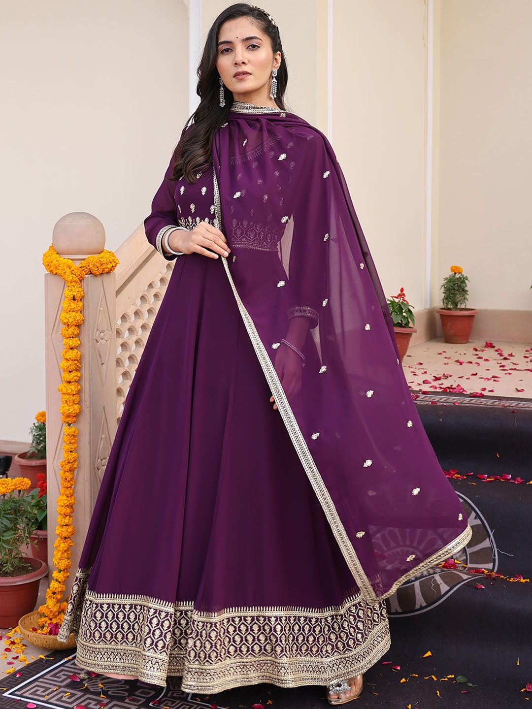

KALINI Floral Embroidered Sequinned Semi-Stitched Dress Material, Purple