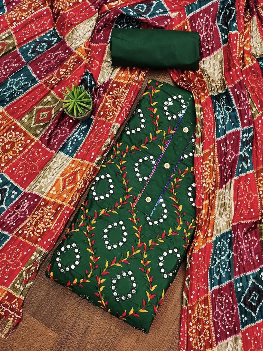 

Rangtulika Floral Embroidered Mirror Work Unstitched Dress Material, Green