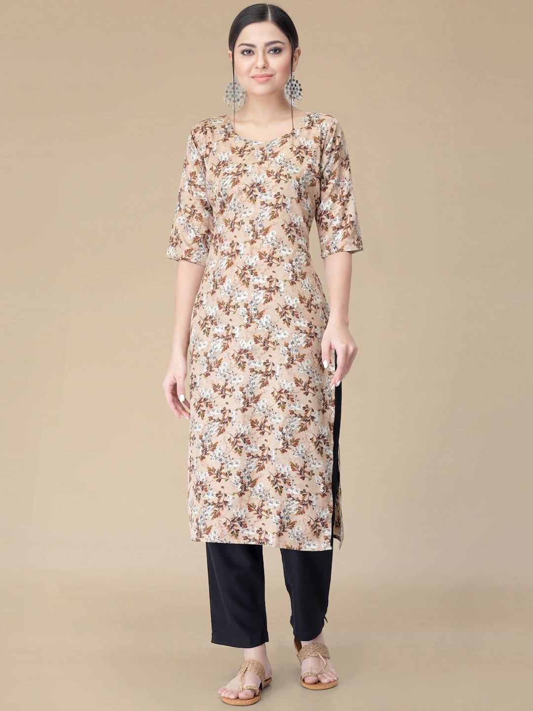 

Moda Rapido Floral Printed Round Neck Straight Kurta With Trousers, Beige