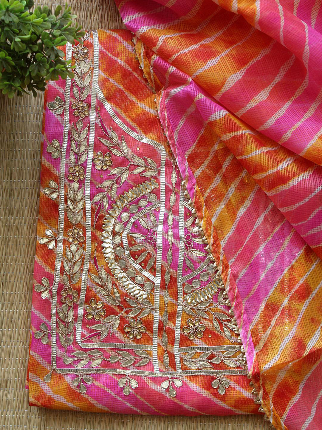 

Weaves of Tradition Leheriya Embroidered Unstitched Dress Material, Pink